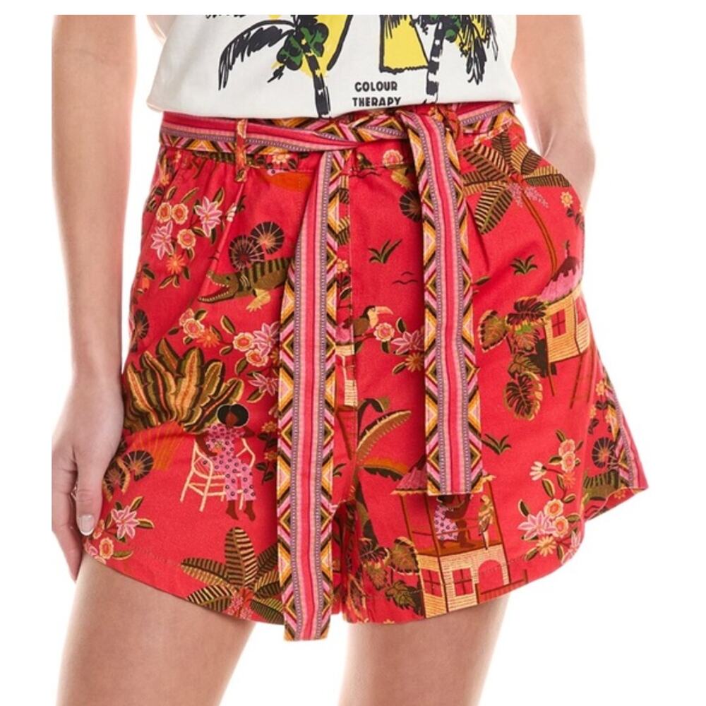 NWT FARM Rio Secret Garden High Waisted Belted Shorts Red Floral Multi Sz Large